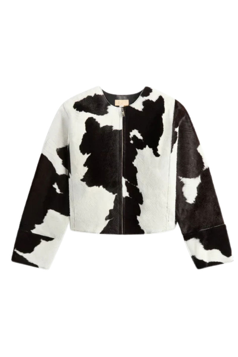 ZUT Tokyo jacket in black and white cowhide with a stylish, textured leather design and classic collar, displayed on a hanger.