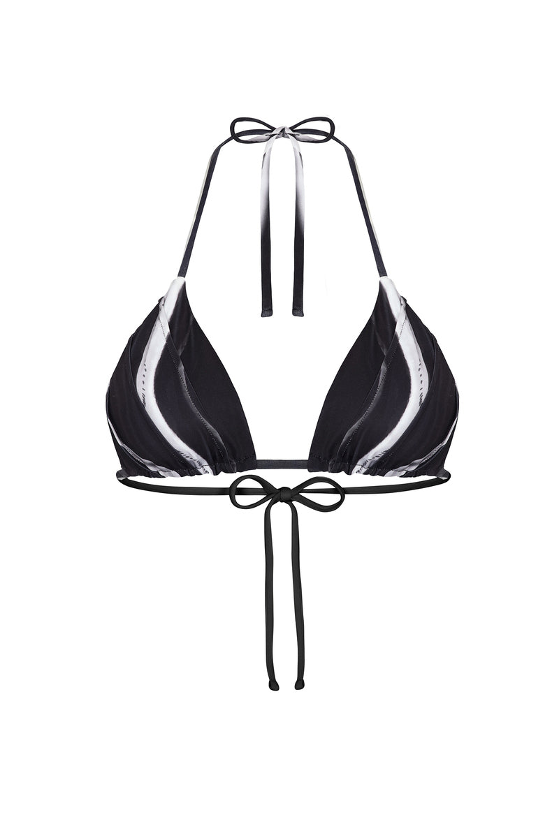 Nelblu MORPHO black bikini top featuring a stylish print, adjustable straps, and modern design for beach or pool wear.
