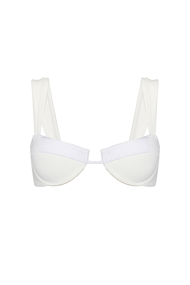 Nelblu shell bikini top in white with adjustable straps, featuring a sleek, minimalist design perfect for beachwear.