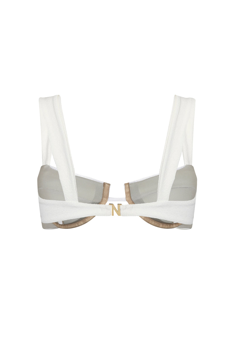 Nelblu shell bikini top in white, featuring a stylish design with adjustable straps and a comfortable fit.