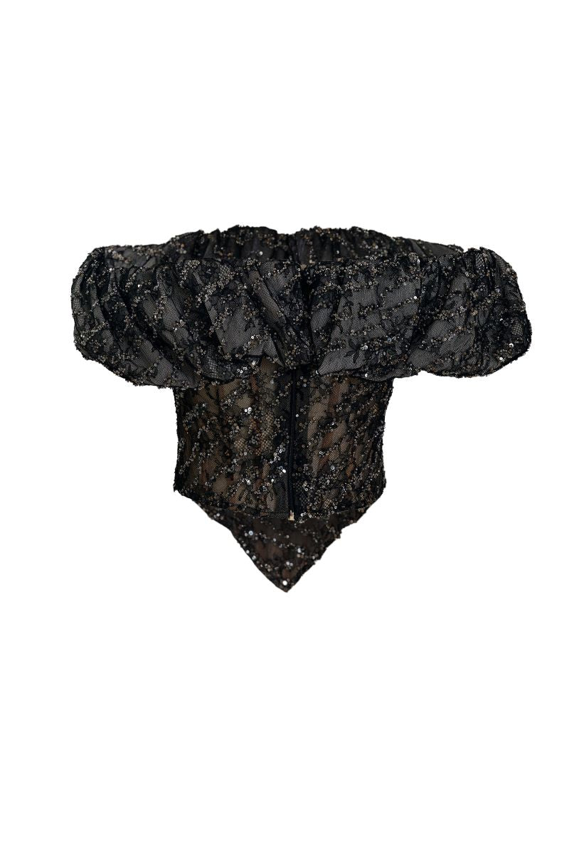 Black TRACE corset top by YASSMIN SALEH featuring a ghost back design, made for stylish, fitted fashion statements.