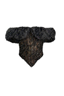 Black TRACE corset top by YASSMIN SALEH with ghost front design, showcasing a fitted, stylish black corset for women.