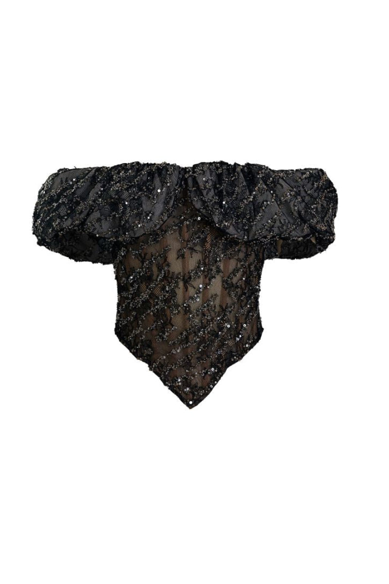 Black TRACE corset top by YASSMIN SALEH with ghost front design, showcasing a fitted, stylish black corset for women.