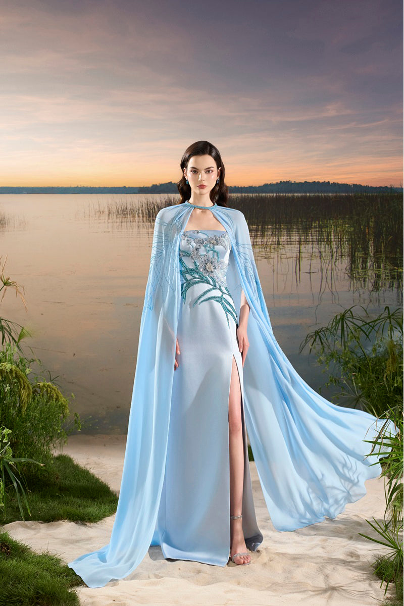 CHIFFON MAXI DRESS WITH CAPE IN BLUE | CULT MIA