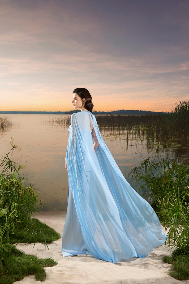 CHIFFON MAXI DRESS WITH CAPE IN BLUE | CULT MIA