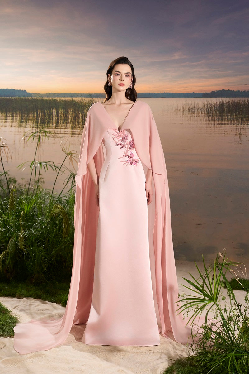 CHIFFON V-NECK BACKLESS MAXI DRESS IN PINK | CULT MIA