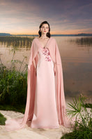 Pink chiffon V-neck backless gown by Tracy Studio, flowing and elegant, perfect for formal events or special occasions.