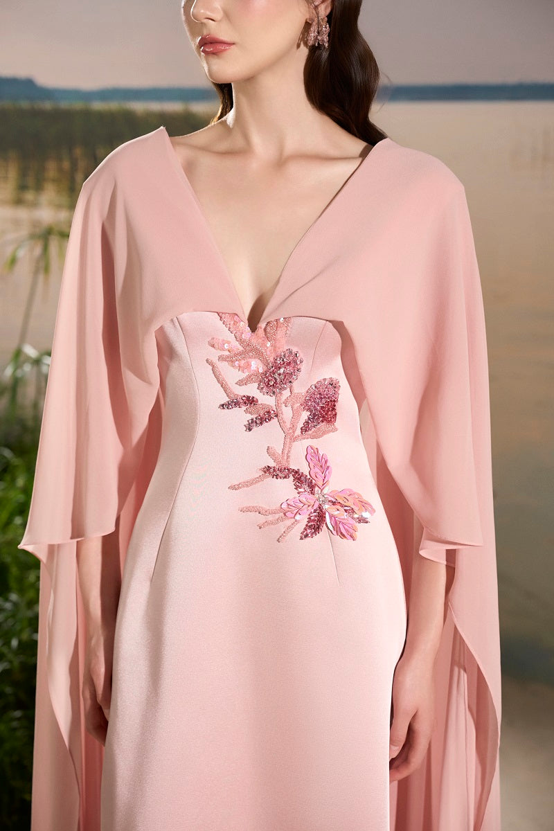 Pink chiffon V-neck backless maxi dress by Tracy Studio, flowing fabric and elegant design perfect for formal occasions.