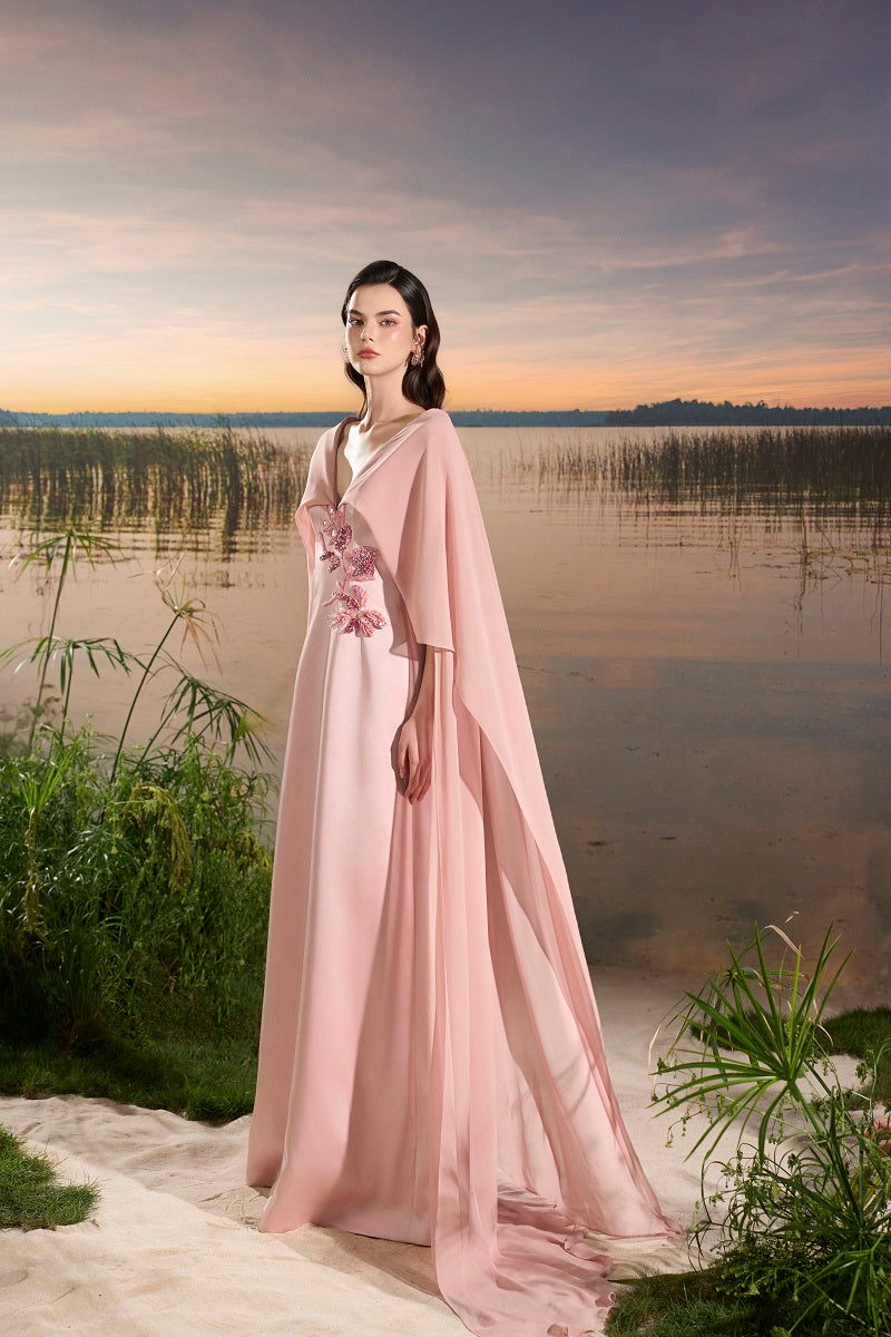 CHIFFON V-NECK BACKLESS MAXI DRESS IN PINK | CULT MIA