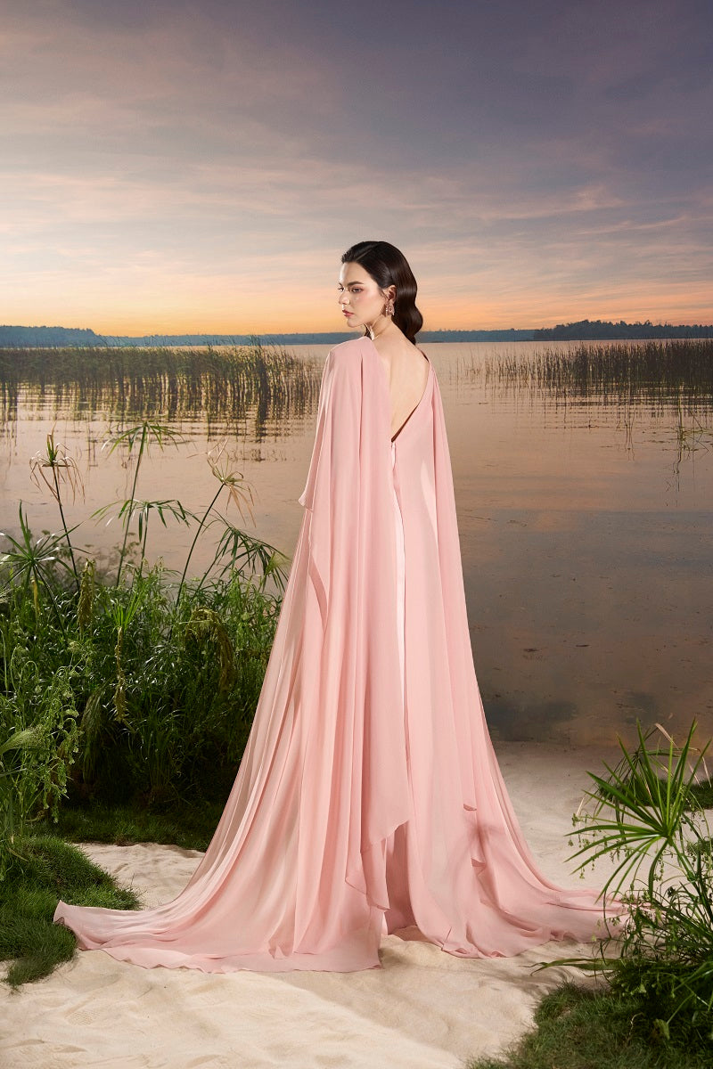 CHIFFON V-NECK BACKLESS MAXI DRESS IN PINK | CULT MIA