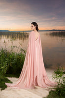 Pink chiffon V-neck backless gown by Tracy Studio, elegant evening dress with flowing fabric and delicate design.
