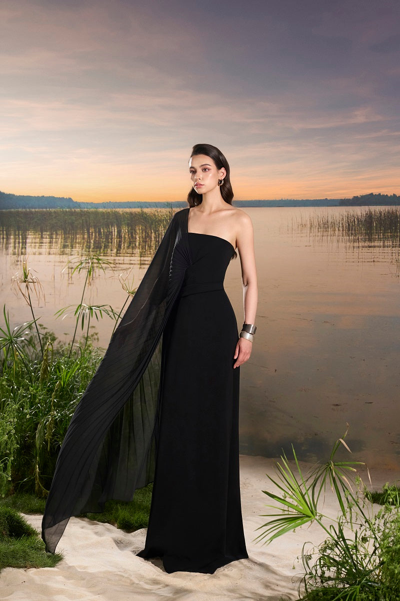 Elegant velvet satin asymmetric cape sleeve maxi dress by Tracy Studio, featuring flowing fabric and stylish design.