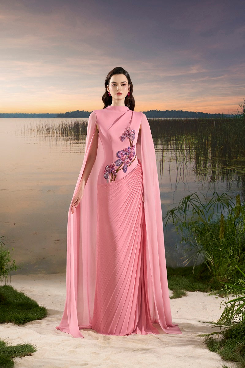 CHIFFON CRYSTAL BEAD MAXI DRESS
