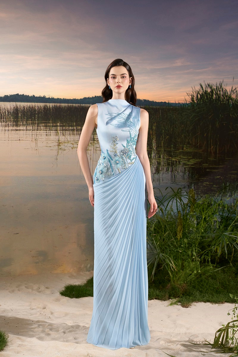 SLEEVELESS CHIFFON MAXI DRESS IN BLUE | CULT MIA