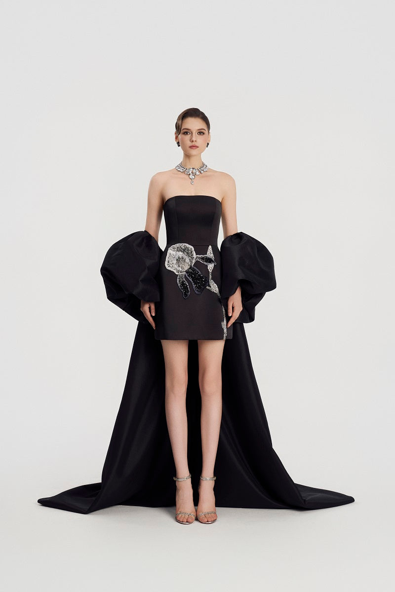 Elegant Tracy Studio taffeta mikado mini dress with long sleeves, featuring a sleek, structured design perfect for stylish occasions.