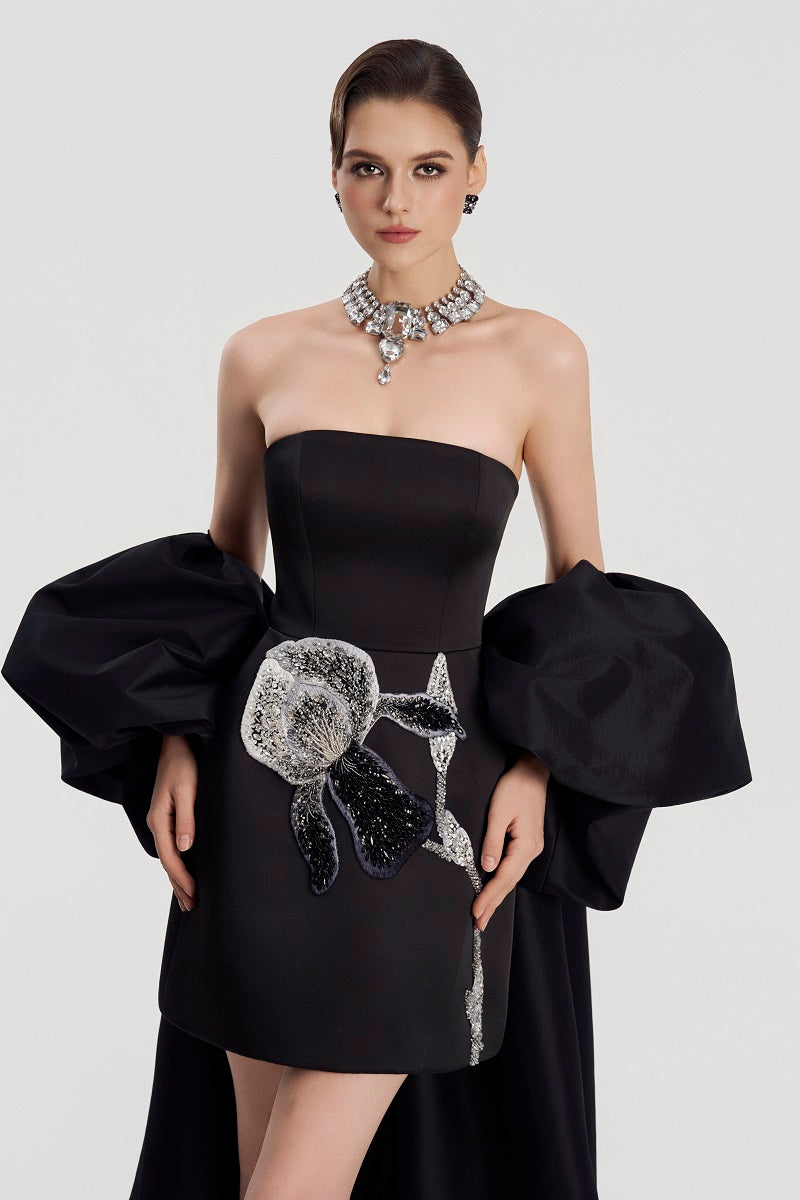 Elegant Tracy Studio taffeta mikado mini dress with long sleeves, showcasing a stylish and sophisticated design.
