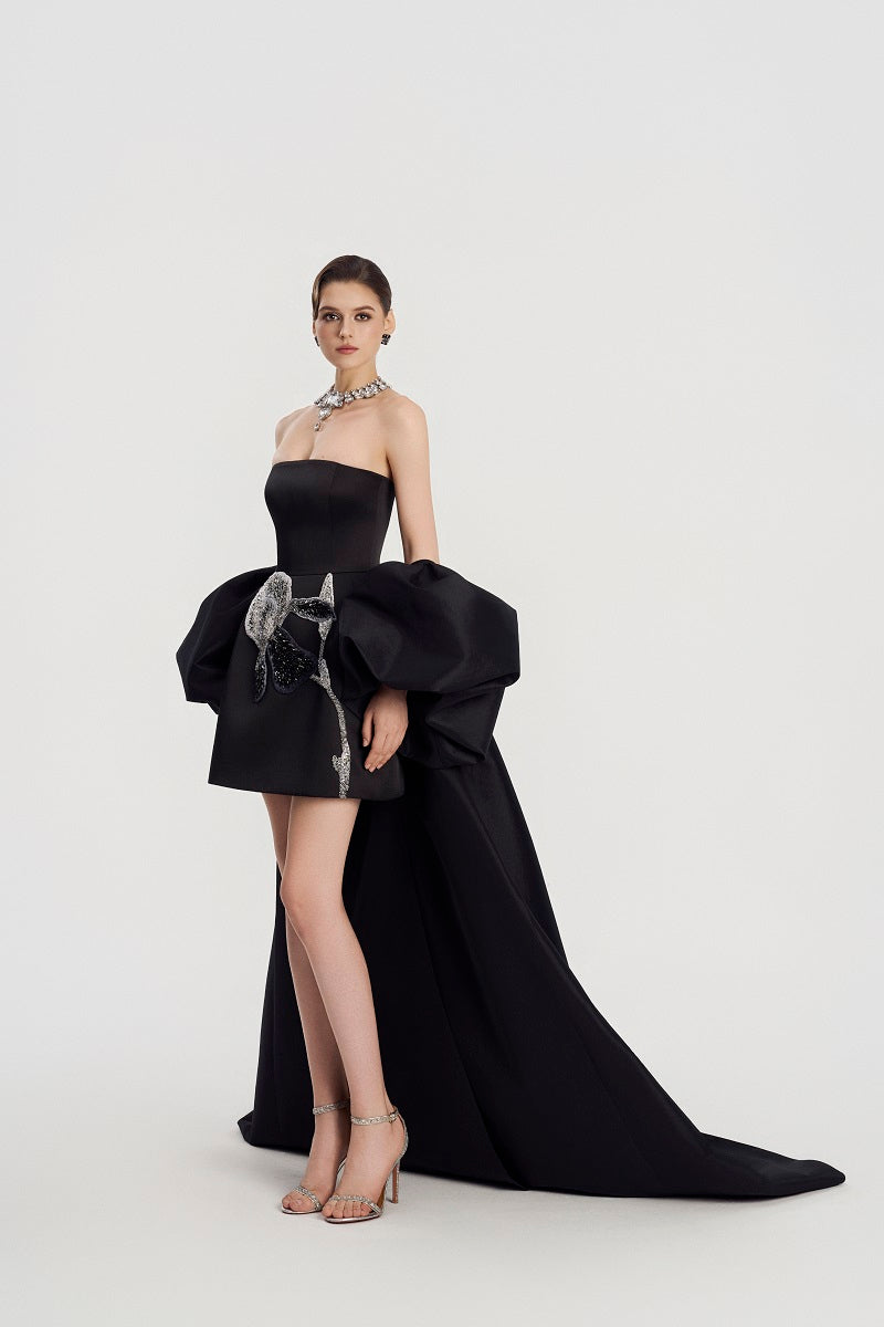 Elegant taffeta mikado mini dress with long sleeves by Tracy Studio, featuring a sleek, structured design perfect for special occasions.
