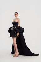 Elegant taffeta mikado mini dress with long sleeves by Tracy Studio, featuring a sleek, structured design perfect for special occasions.