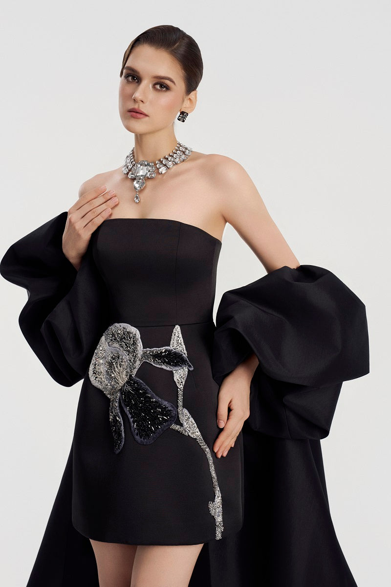 Cream taffeta mikado mini dress with puff sleeves by Tracy Studio, featuring a fitted silhouette and elegant design.
