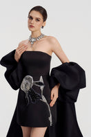 Cream taffeta mikado mini dress with puff sleeves by Tracy Studio, featuring a fitted silhouette and elegant design.