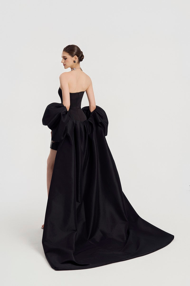 Elegant taffeta mikado mini dress with long sleeves by Tracy Studio, featuring a sleek, structured design perfect for special occasions.