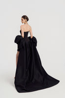 Elegant taffeta mikado mini dress with long sleeves by Tracy Studio, featuring a sleek, structured design perfect for special occasions.