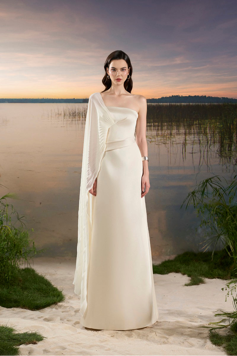 Elegant chiffon asymmetric cape sleeve maxi dress by Tracy Studio, flowing fabric with a sophisticated silhouette.