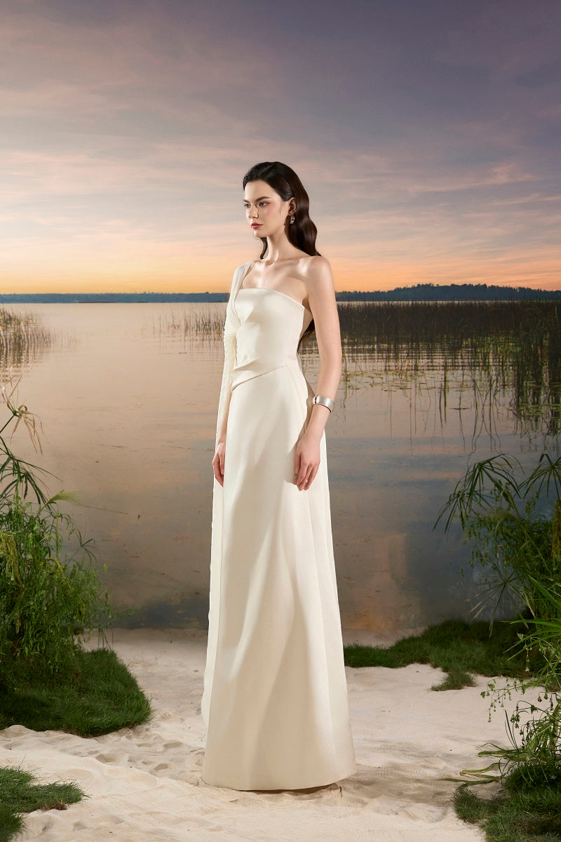 CHIFFON ASYMMETRIC CAPE SLEEVE GOWN | CULT MIA