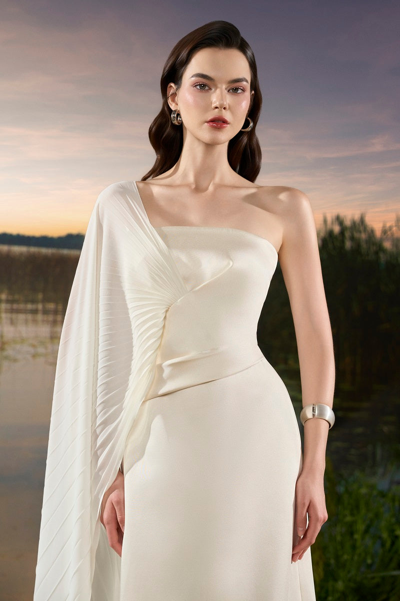 Elegant chiffon asymmetric cape sleeve maxi dress by Tracy Studio, flowing fabric and stylish design perfect for special occasions.