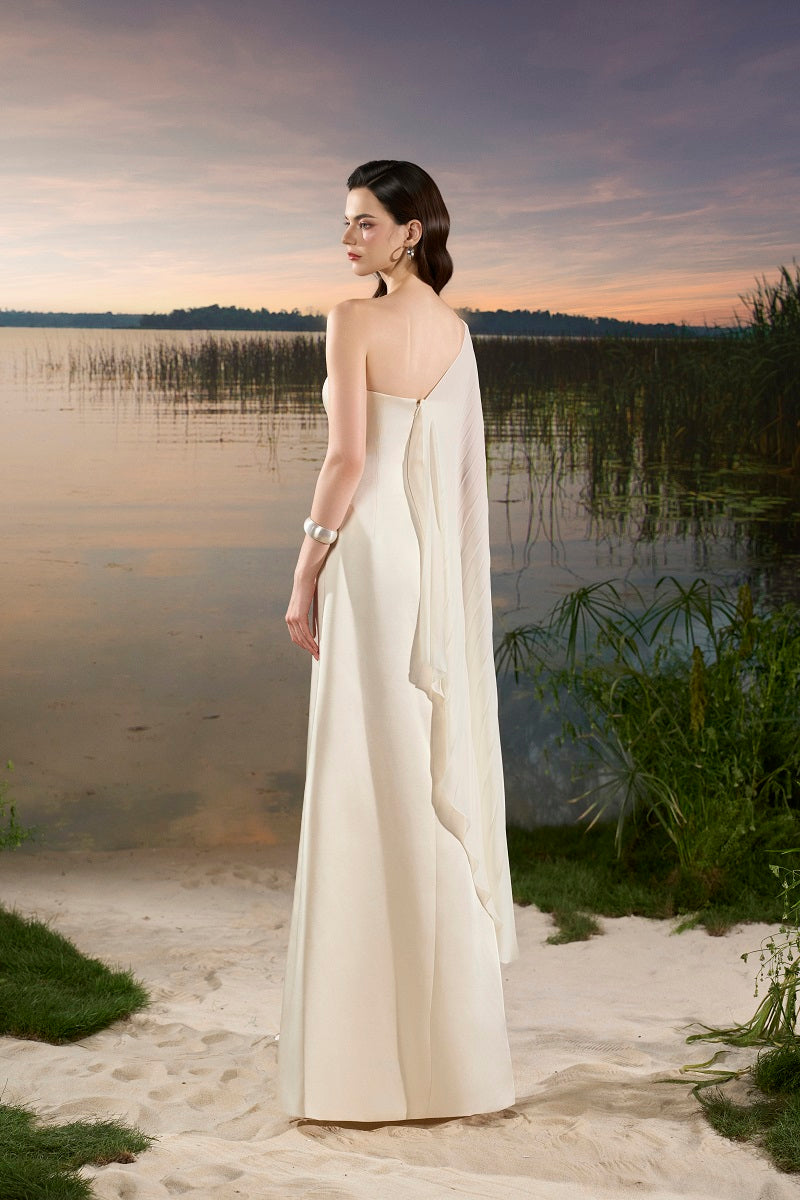CHIFFON ASYMMETRIC CAPE SLEEVE MAXI DRESS | CULT MIA