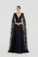Black Taffeta Mikado deep V-neck gown by Tracy Studio, elegant dress with smooth fabric and sophisticated design.