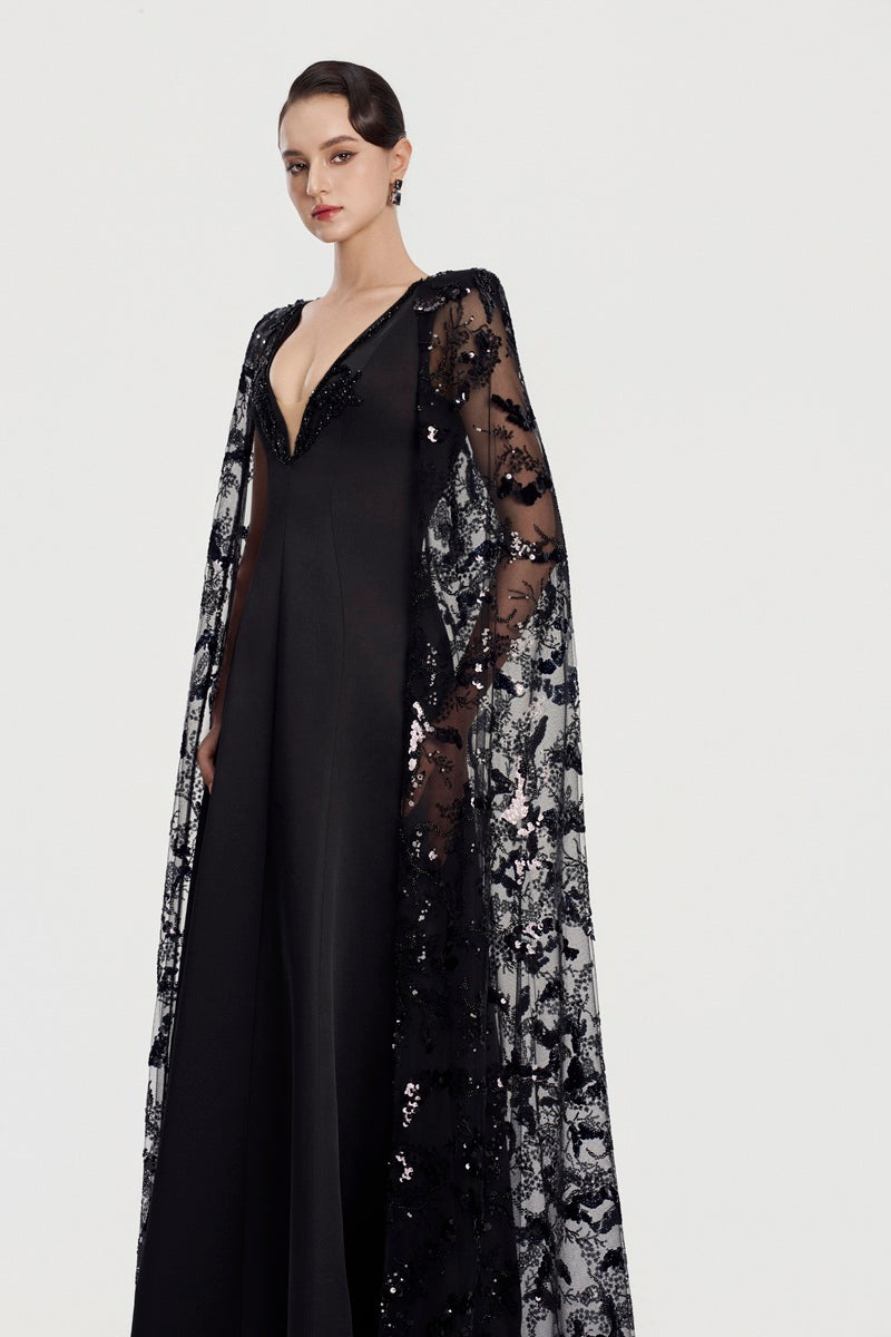 Black Taffeta Mikado deep V-neck maxi dress by Tracy Studio, featuring elegant fabric and a flowing silhouette.