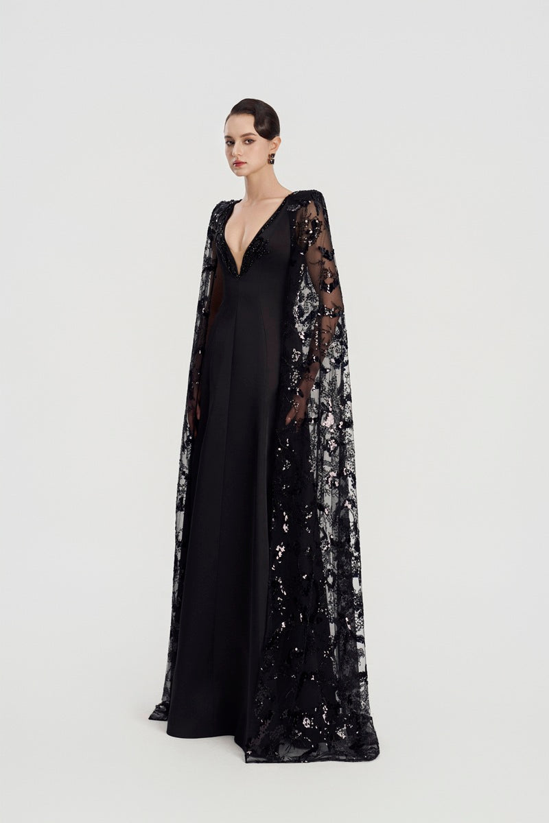 Black Taffeta Mikado deep V-neck maxi dress by Tracy Studio, featuring a flowing silhouette and elegant design.