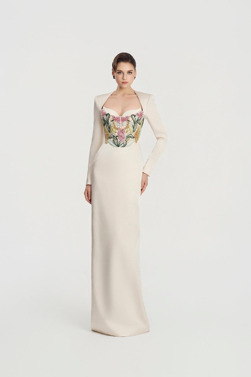 Off-white taffeta mikado maxi dress by Tracy Studio, elegant flowing fabric with a sophisticated design for special occasions.