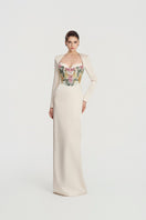 Elegant off-white taffeta mikado gown by Tracy Studio, featuring a flowing design and luxurious fabric for formal occasions.