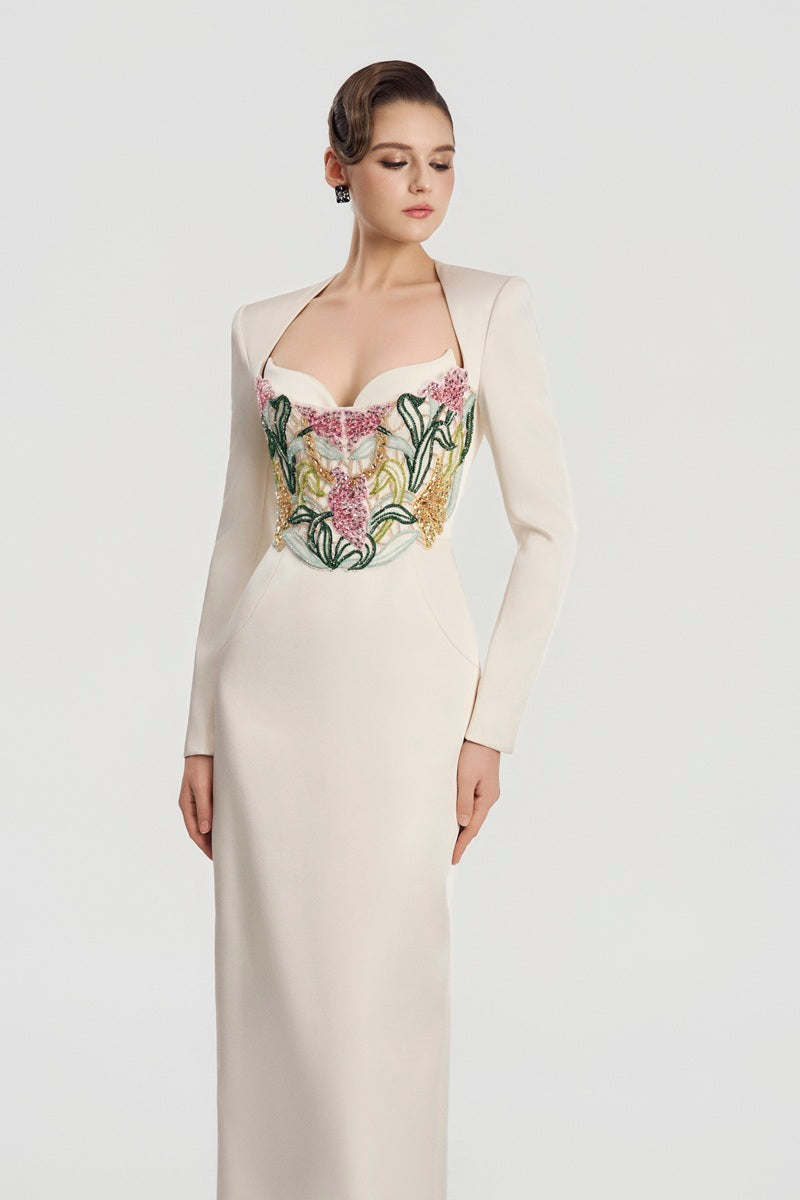 Off-white Taffeta Mikado maxi dress by Tracy Studio, flowing design with elegant fabric for formal occasions.