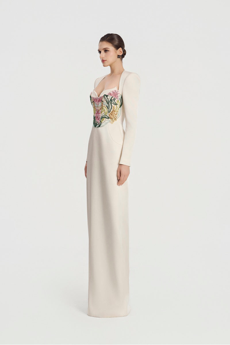 Off-white Taffeta Mikado maxi dress by Tracy Studio, flowing fabric with elegant, structured design perfect for formal occasions.