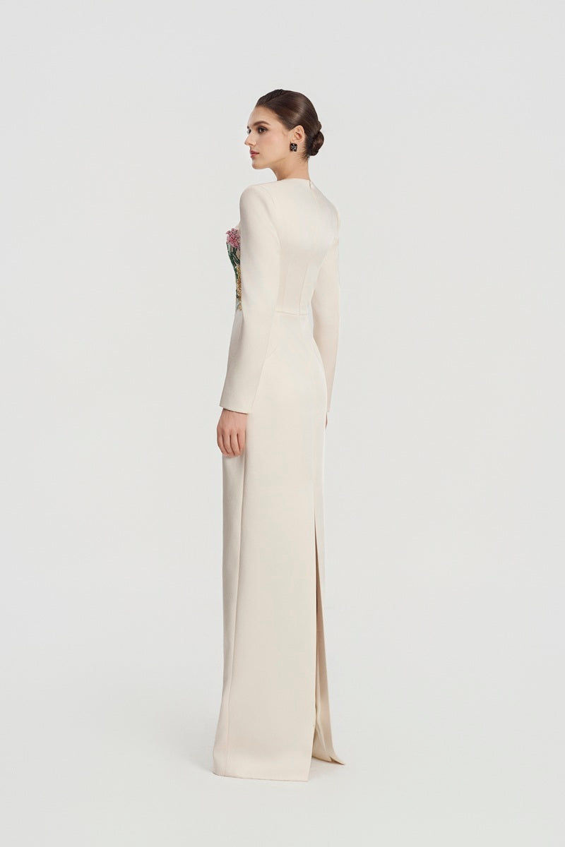 Off-white taffeta mikado maxi dress by Tracy Studio, flowing elegant design with a fitted bodice and full skirt.