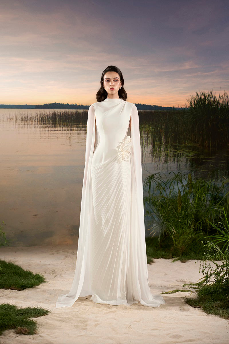 CHIFFON FLORAL GOWN WITH LONG SLEEVE CAPE