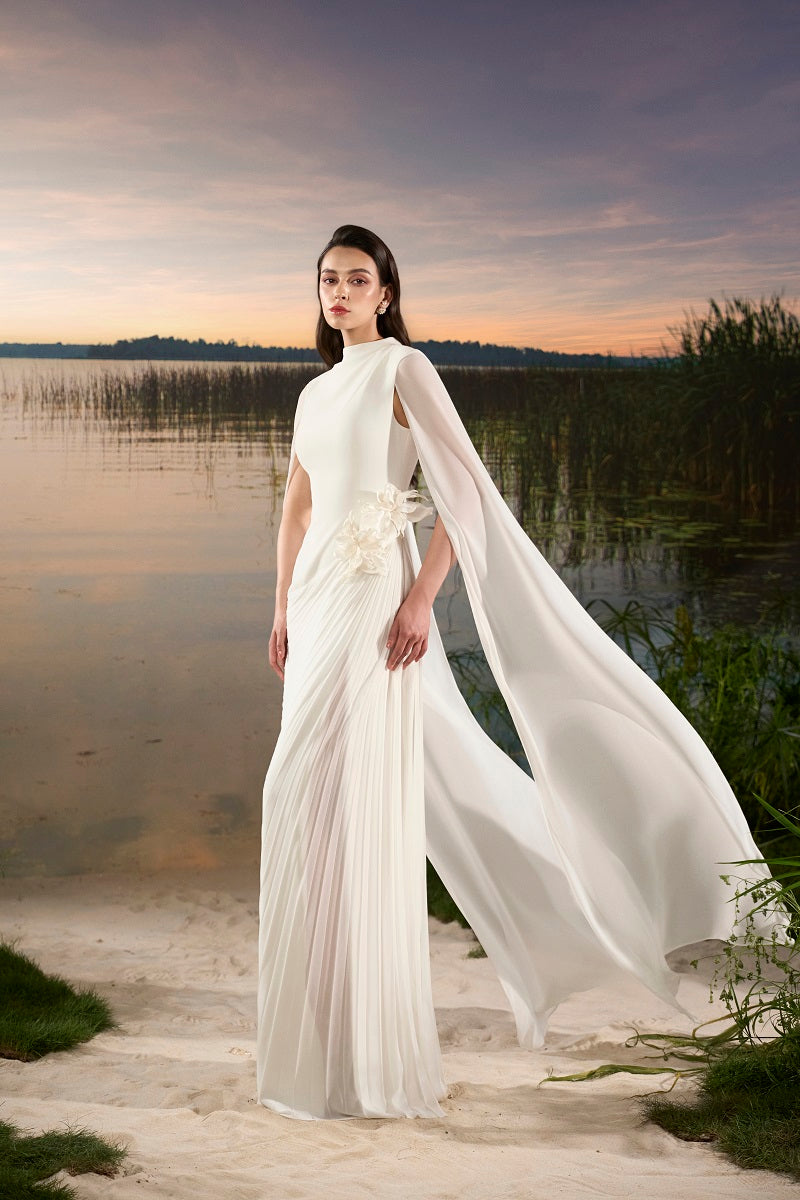 CHIFFON FLORAL GOWN WITH LONG SLEEVE CAPE