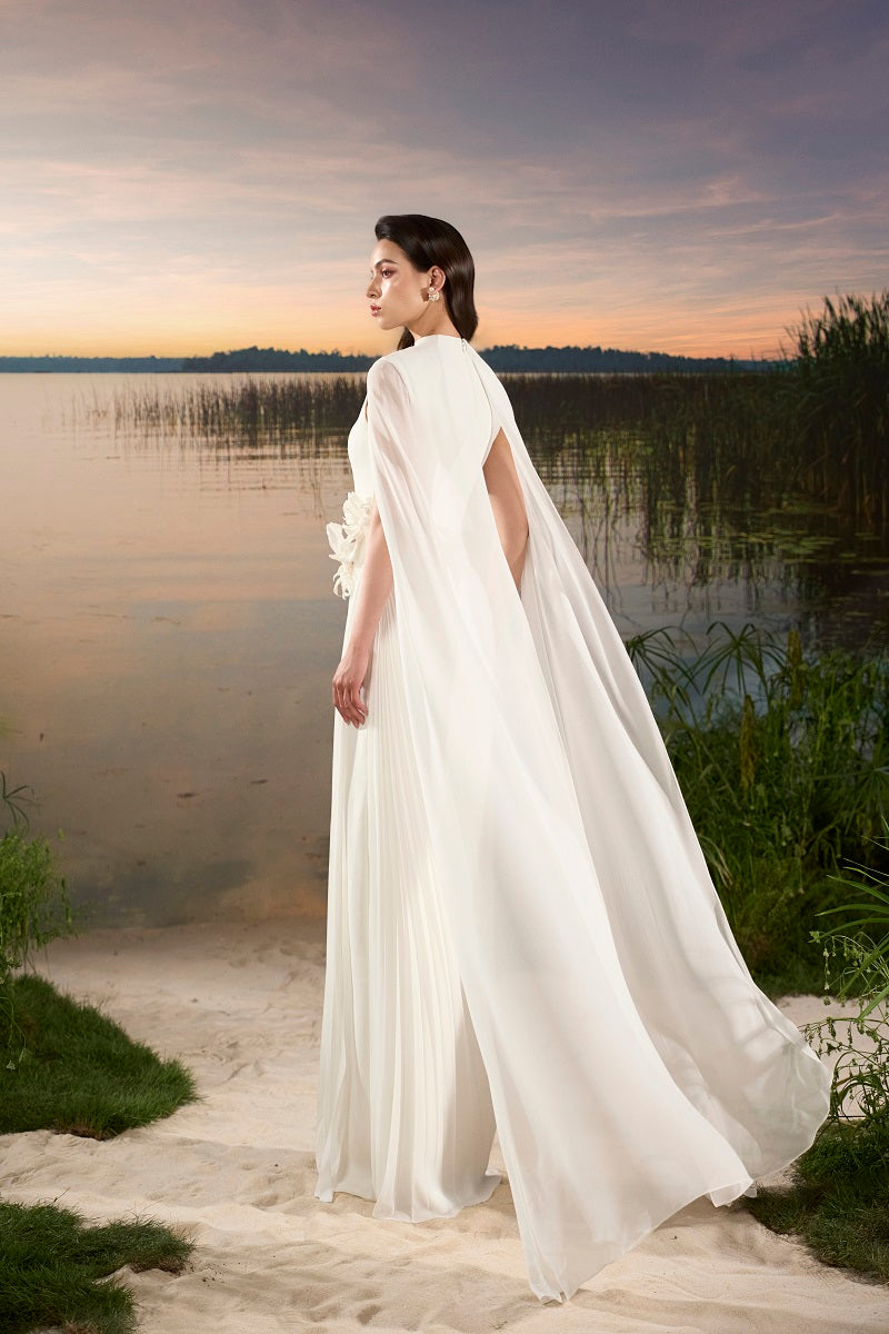 CHIFFON FLORAL MAXI DRESS WITH LONG SLEEVE CAPE | CULT MIA