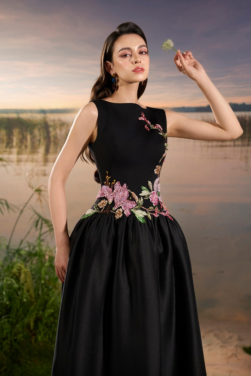 Black crepe embellished maxi dress by Tracy Studio, featuring elegant design and detailed embellishments.