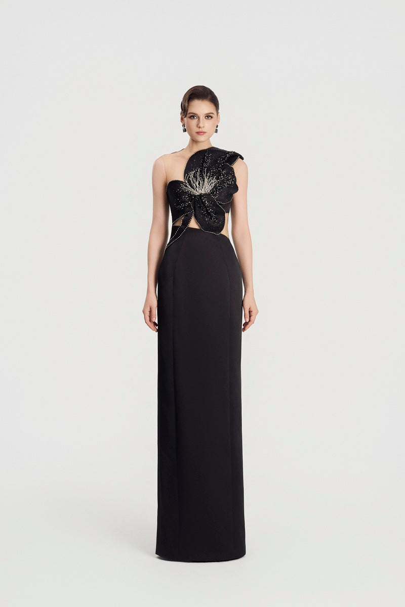 Elegant Tracy Studio taffeta mikado embellished maxi dress with intricate detailing and a flowing silhouette.