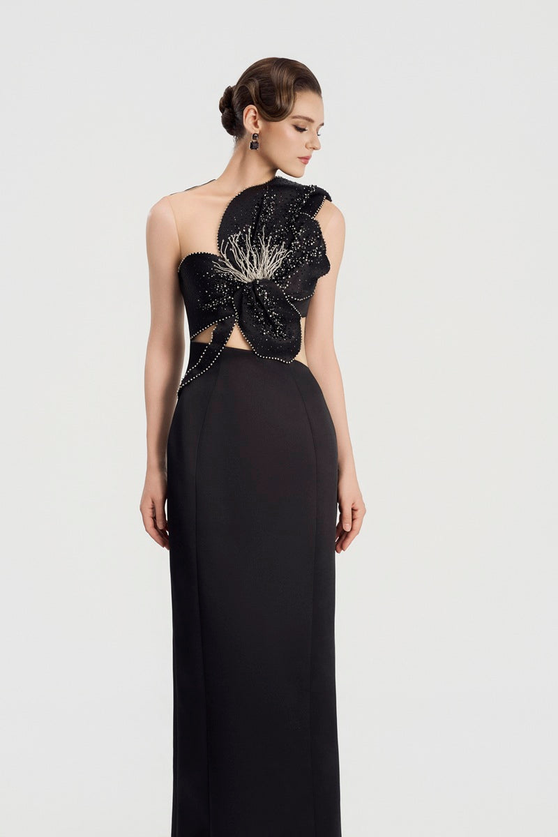 Elegant Tracy Studio taffeta mikado embellished maxi dress with intricate detailing and a flowing silhouette.