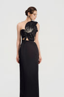 Elegant taffeta mikado embellished gown by Tracy Studio featuring intricate details and a flowing silhouette.