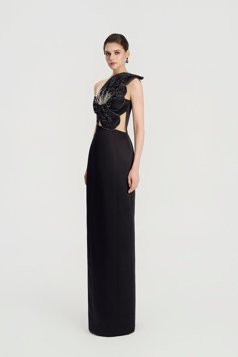 Elegant taffeta mikado embellished maxi dress by Tracy Studio with intricate beading and a flowing silhouette.