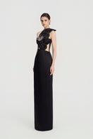 Elegant taffeta mikado embellished gown by Tracy Studio featuring intricate beadwork and a sophisticated silhouette.