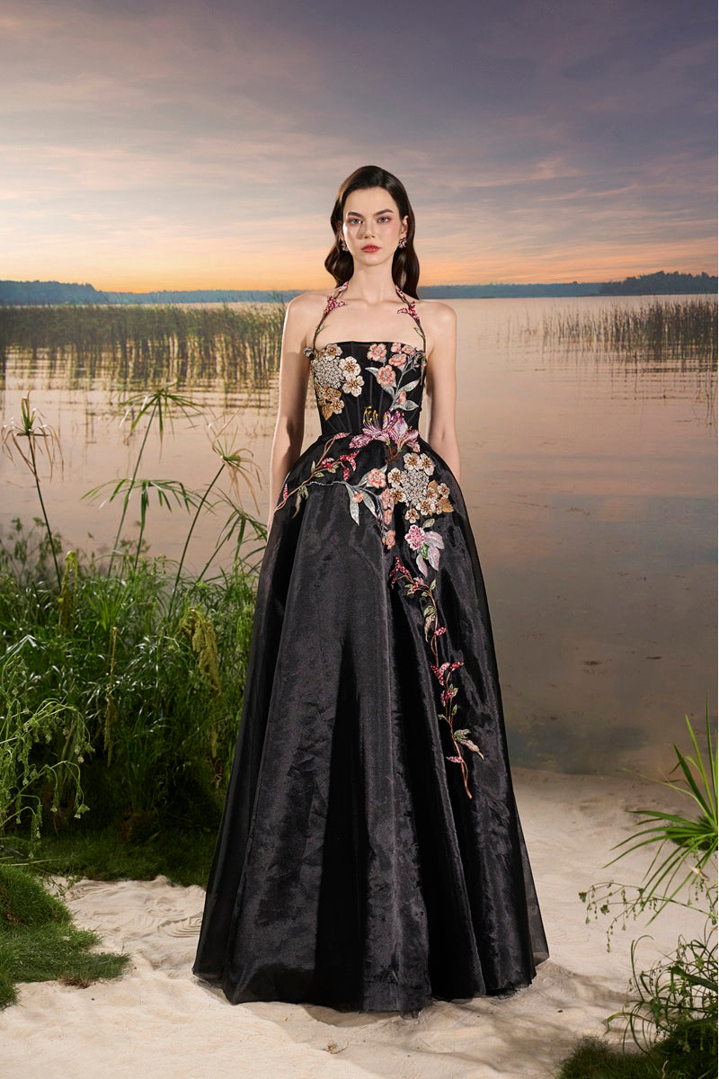 Black Tracy Studio maxi dress with organza floral bead embellishments and elegant design.