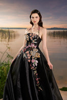 Black organza floral bead-embellished gown by Tracy Studio featuring intricate embroidery and elegant design.