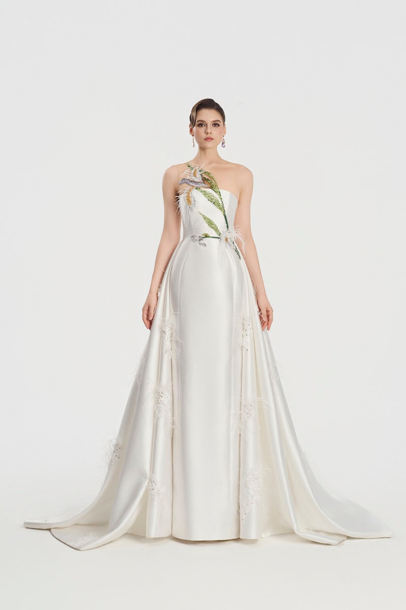 White taffeta bamboo strapless maxi dress by Tracy Studio, featuring elegant fabric and a flowing silhouette.